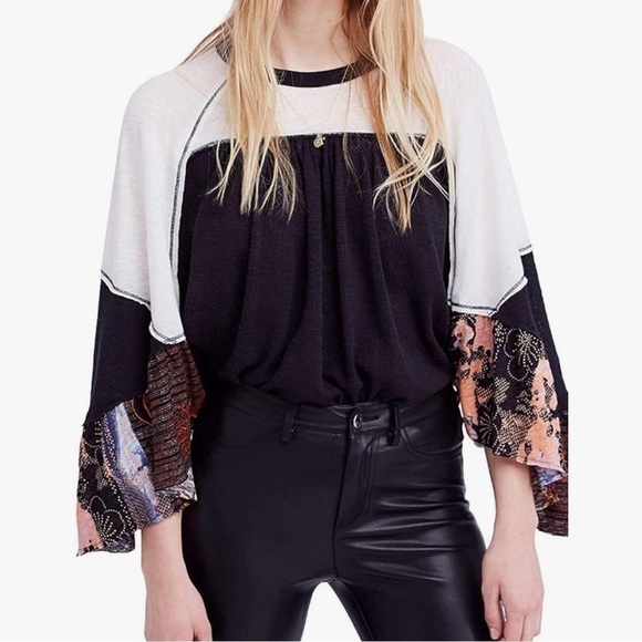 Free People Women Friday Fever Kimono Sleeve Color Block Raw Hem Oversize Floral - Picture 1 of 9